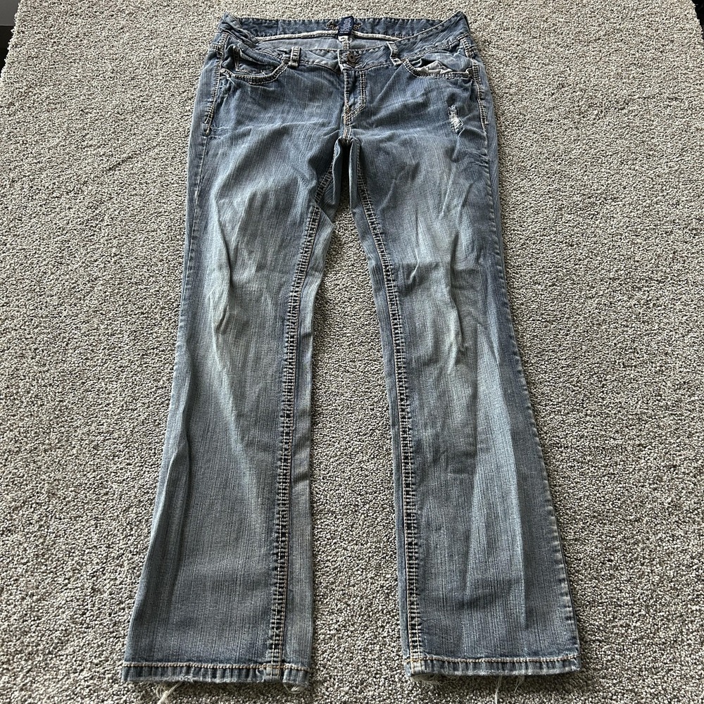 Amethyst Bootcut Jeans Womens 14 Med Wash Blue Distressed Stretch Studded Denim
